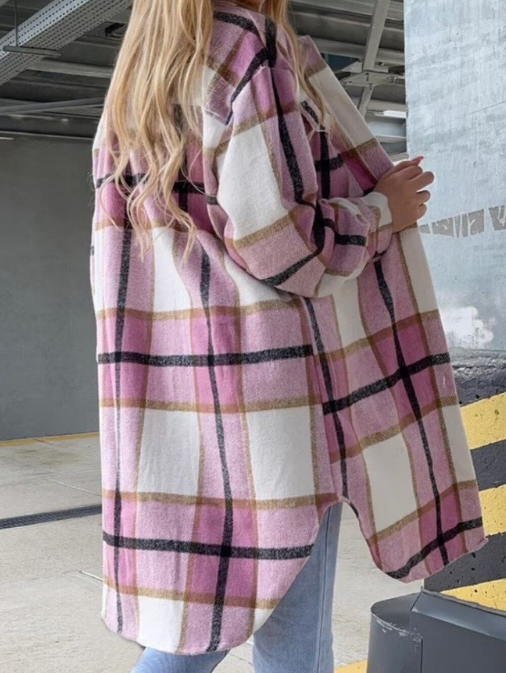 ADORA Plaid Shacket Jacket Women Long Sleeve Button Down Pink -Small